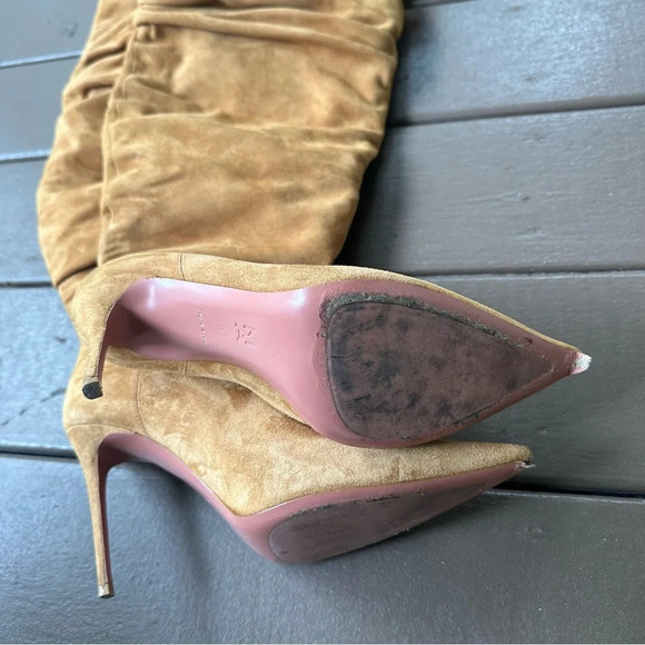 Amina Muaddi Jahleel Over the Knee Ruched Pointed Toe Stiletto Tan Suede Slouch - Picture 5 of 7